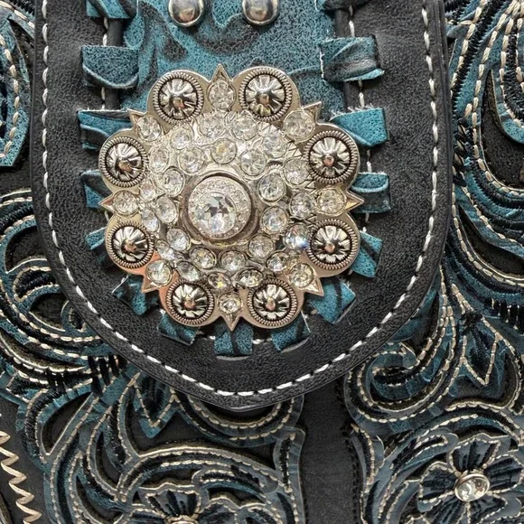 Western Embroidered Crossbody Bucket Bag Black Teal Floral Studded Concho Boho - Picture 10 of 14